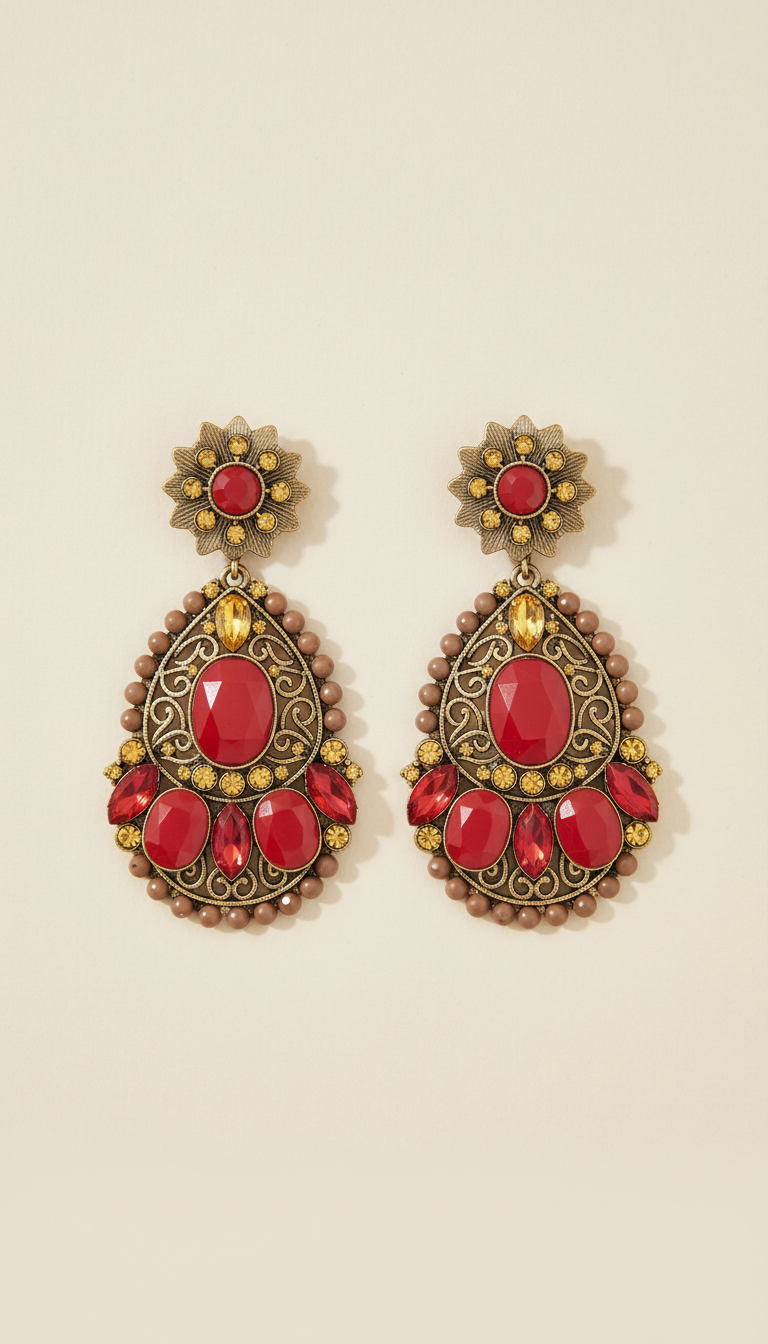 Vermilion Red Statement Earrings Embellished